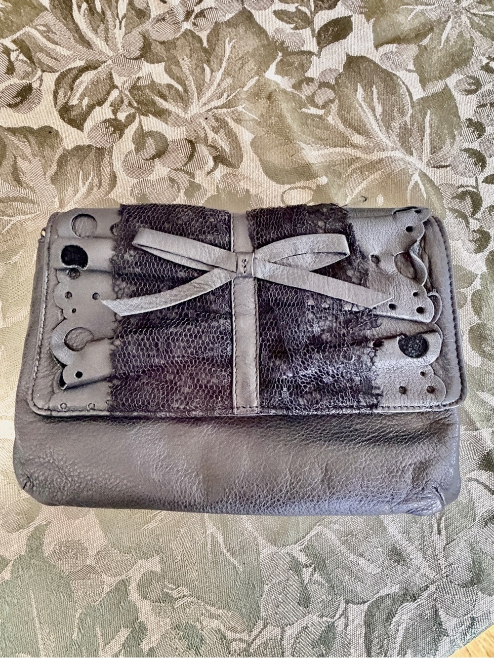 Red Valentino Black Leather and Tulle Bow Ruffled Clutch Purse EUC